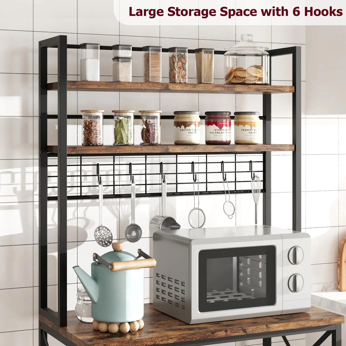 Five Tier Microwave Shelf With Six Hooks Kitchen Standing Rack