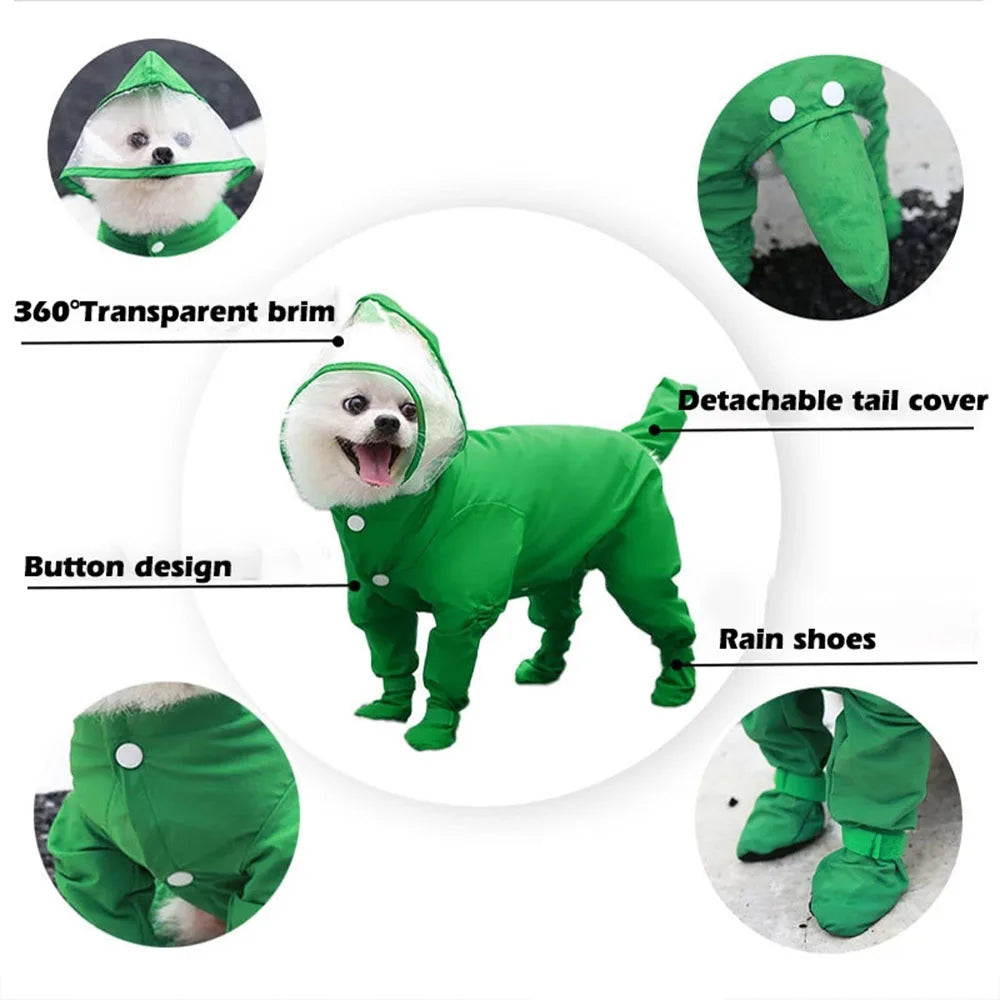 Dog Hooded Raincoat With Boots Four Leg Jumpsuit Waterproof