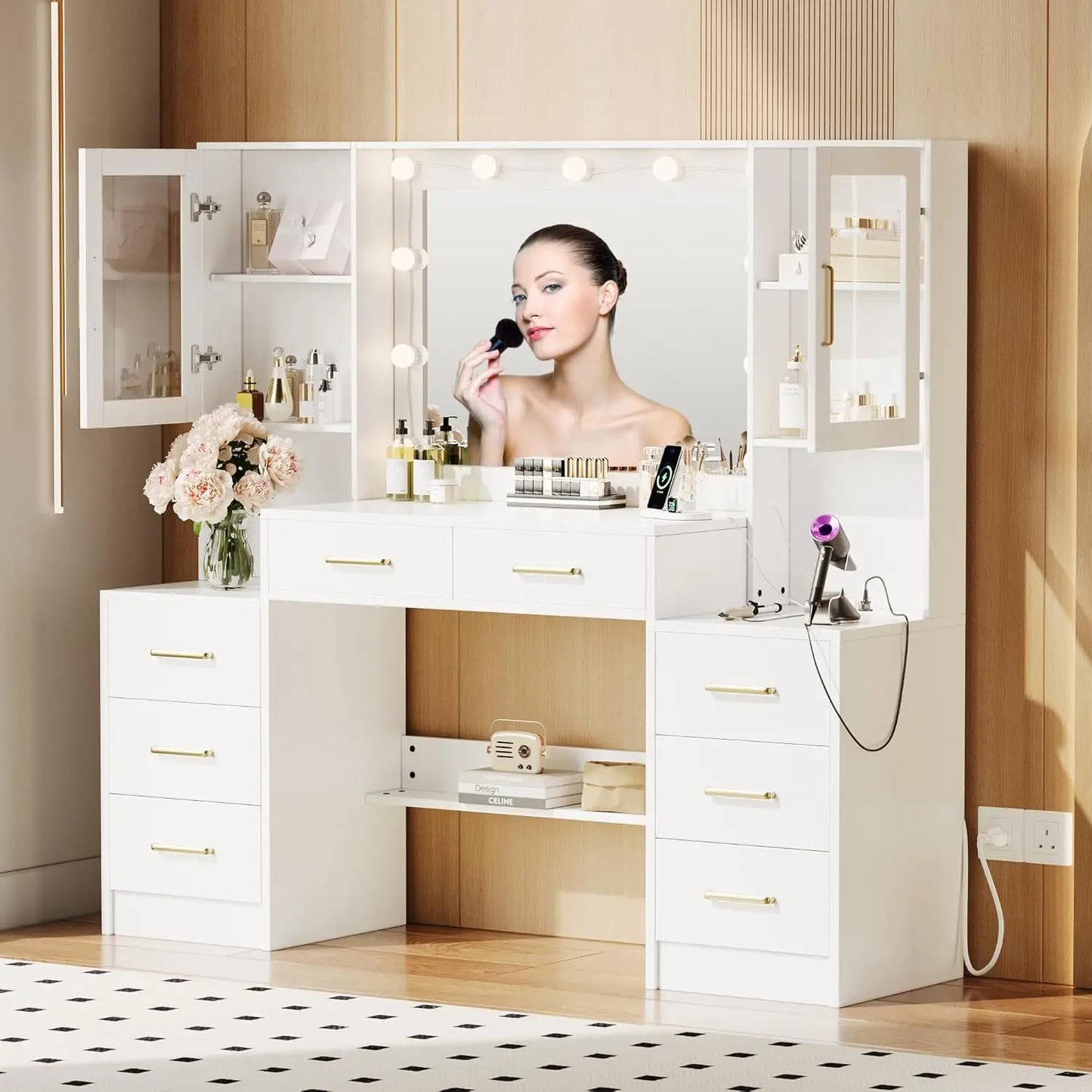 Vanity Desk With Mirror And Charging Station