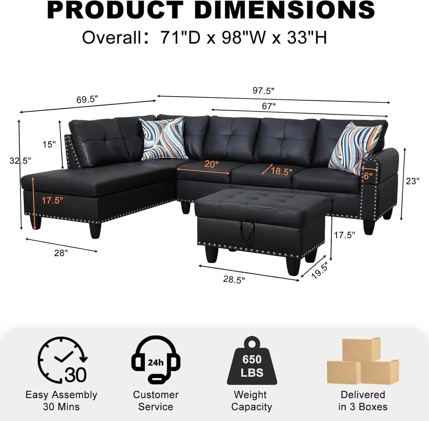 Modern Sectional Sofa With Chaise Lounge And Ottoman