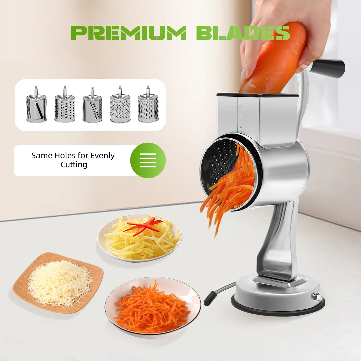 Rotary Grater With Five Blades Stainless Steel Manual Grinder