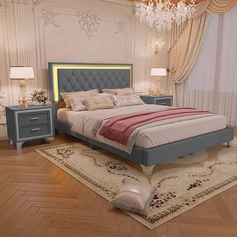 Upholstered Platform Bed With LED Lights And Nightstands Three Piece