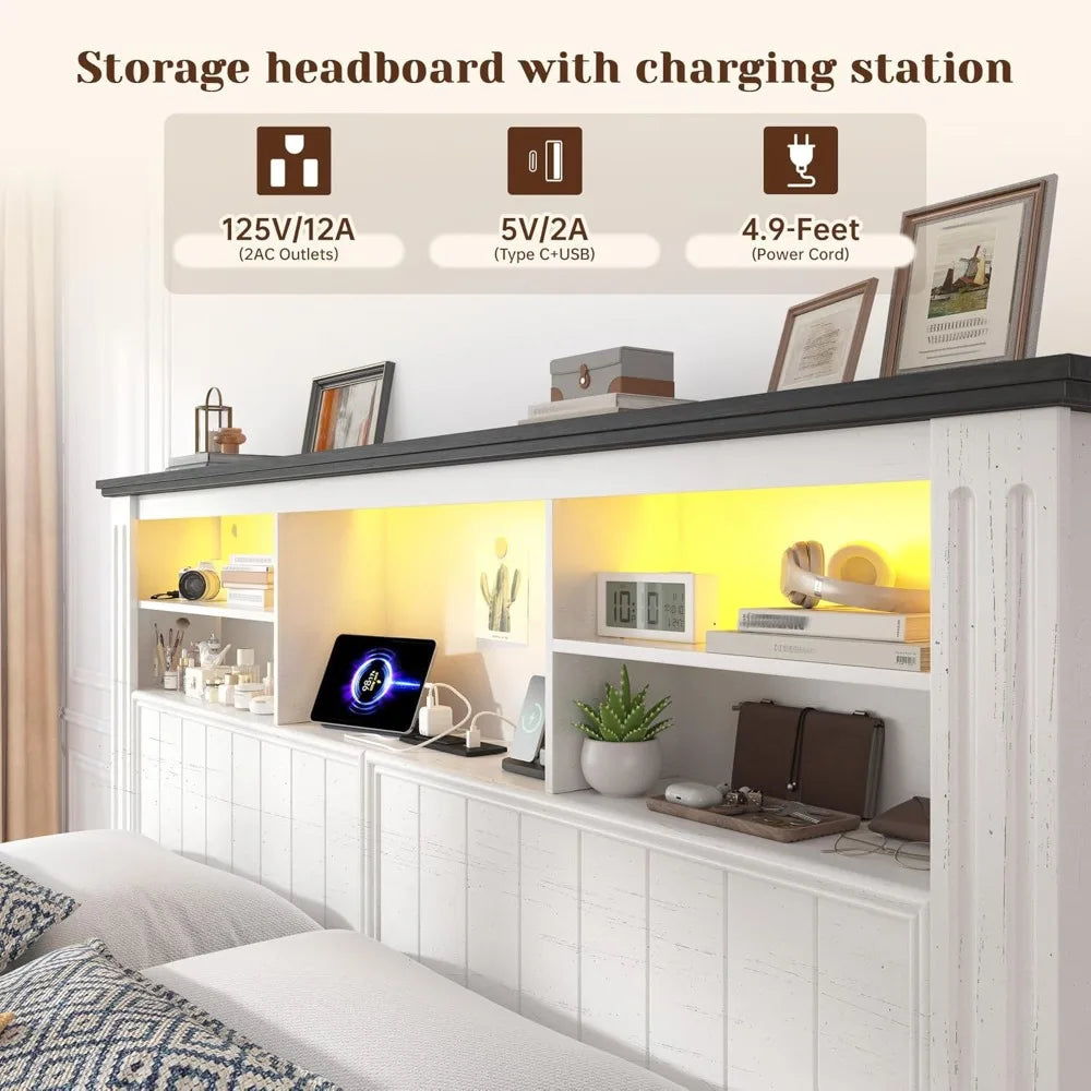 Queen Bed Frame With Headboard And Storage LED And USB
