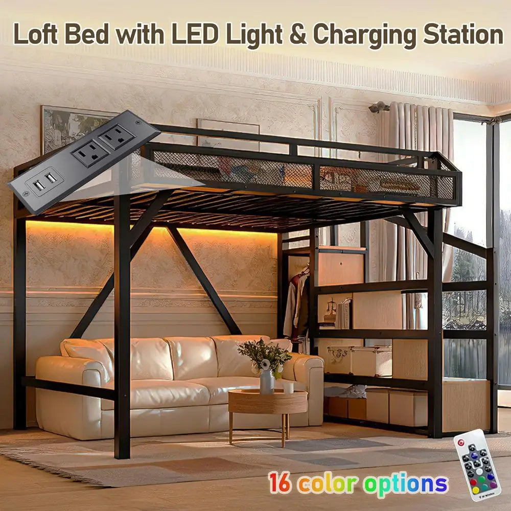 Metal Loft Bed With Storage Stairs And Wardrobe USB Lighting