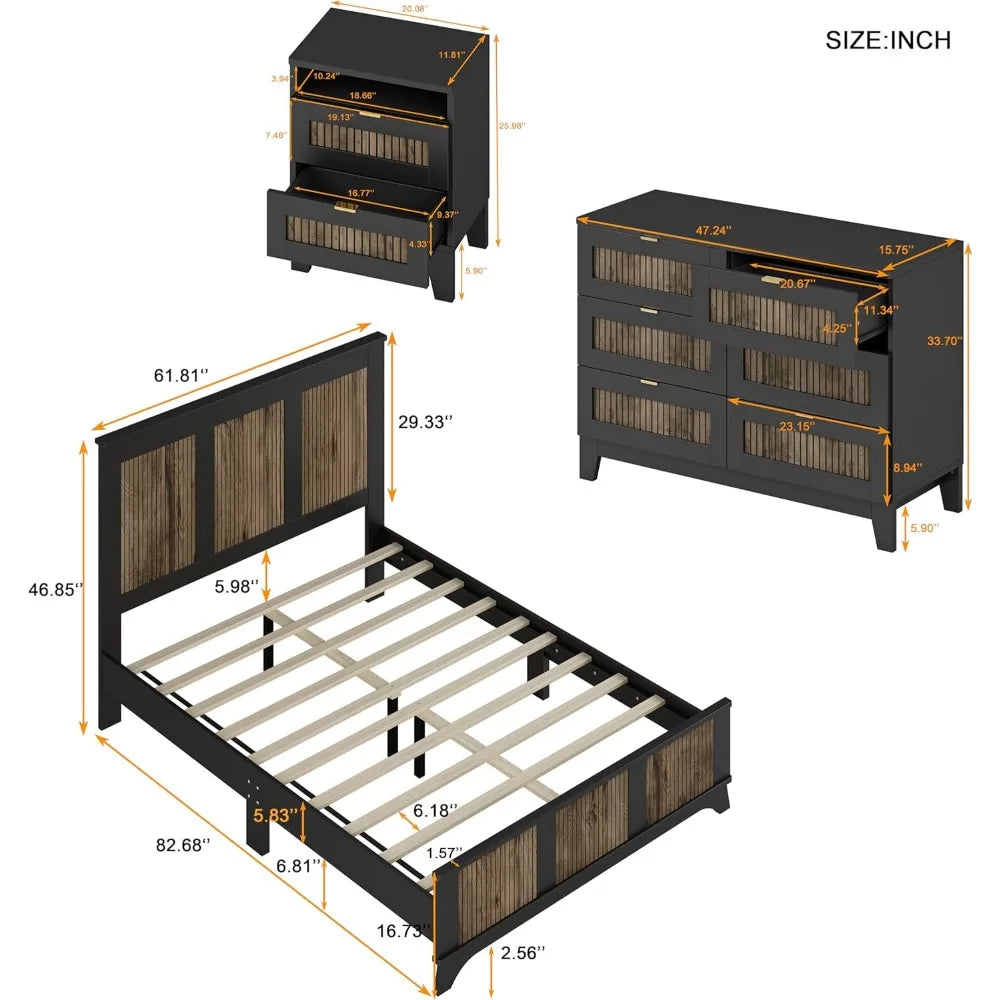 MKDK 4 Piece Queen Bedroom Set With Platform Bed Dresser