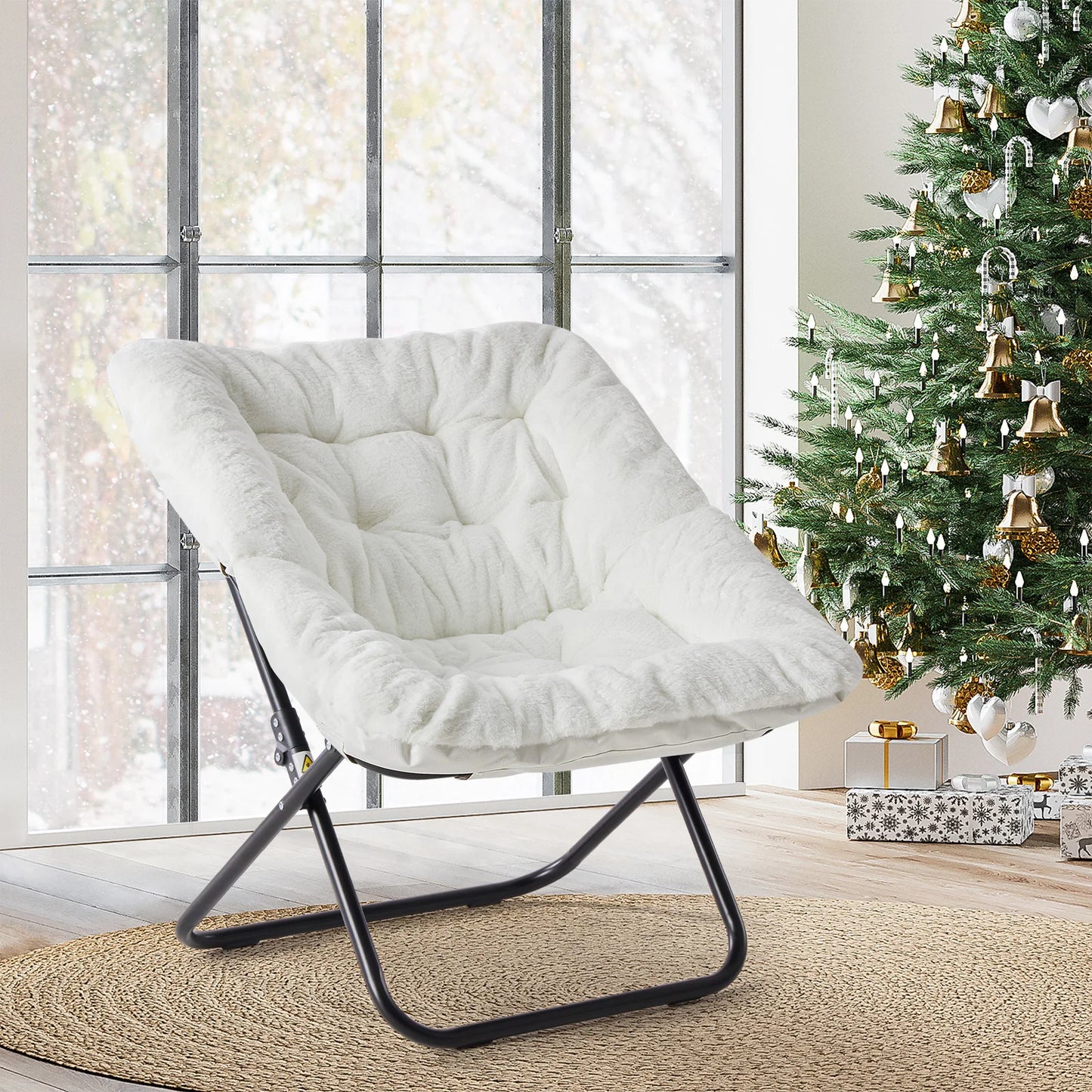 JHK Cozy Faux Fur Saucer Chair Foldable Metal Frame