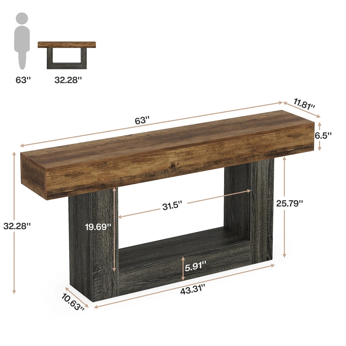 Farmhouse 2-Tier Console Table For Narrow Entryway Wood Sofa Table