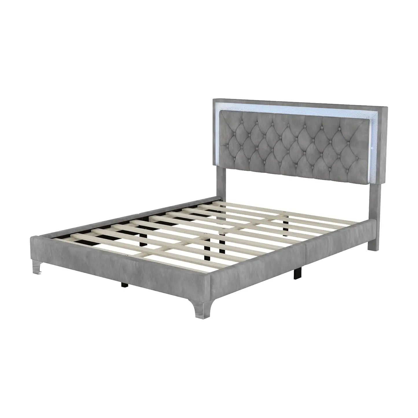 3-Piece LED Velvet Platform Bed Frame Set With Tufted Upholstery