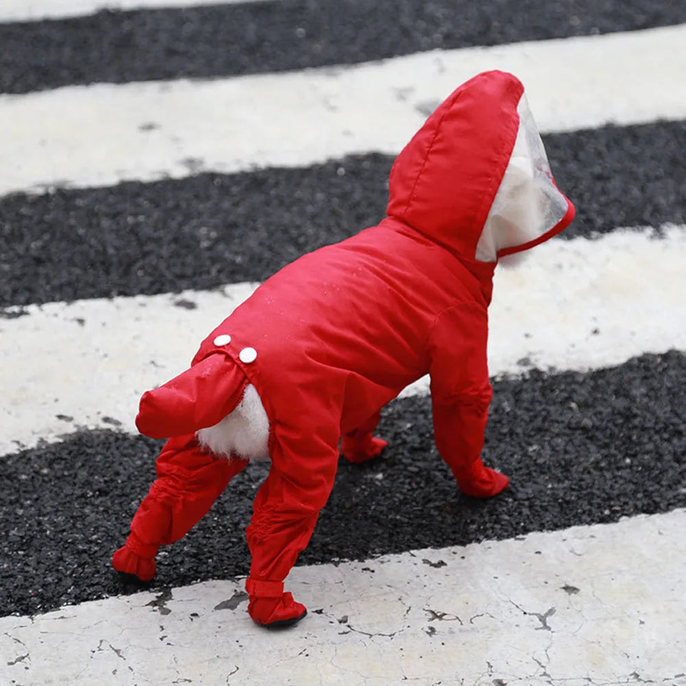 Dog Hooded Raincoat With Boots Four Leg Jumpsuit Waterproof