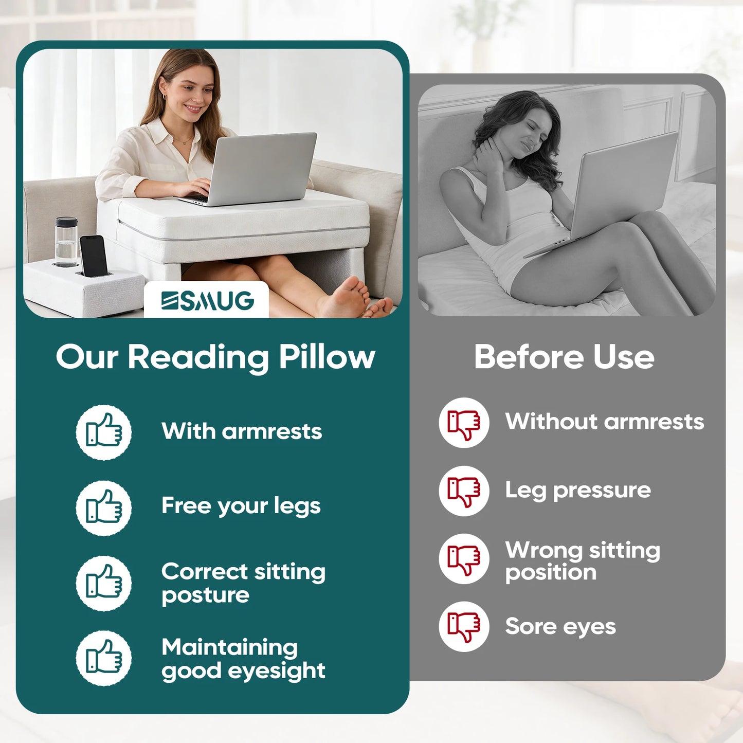 JHK Memory Foam Reading Pillow Ergonomic Neck Support Removable Cover