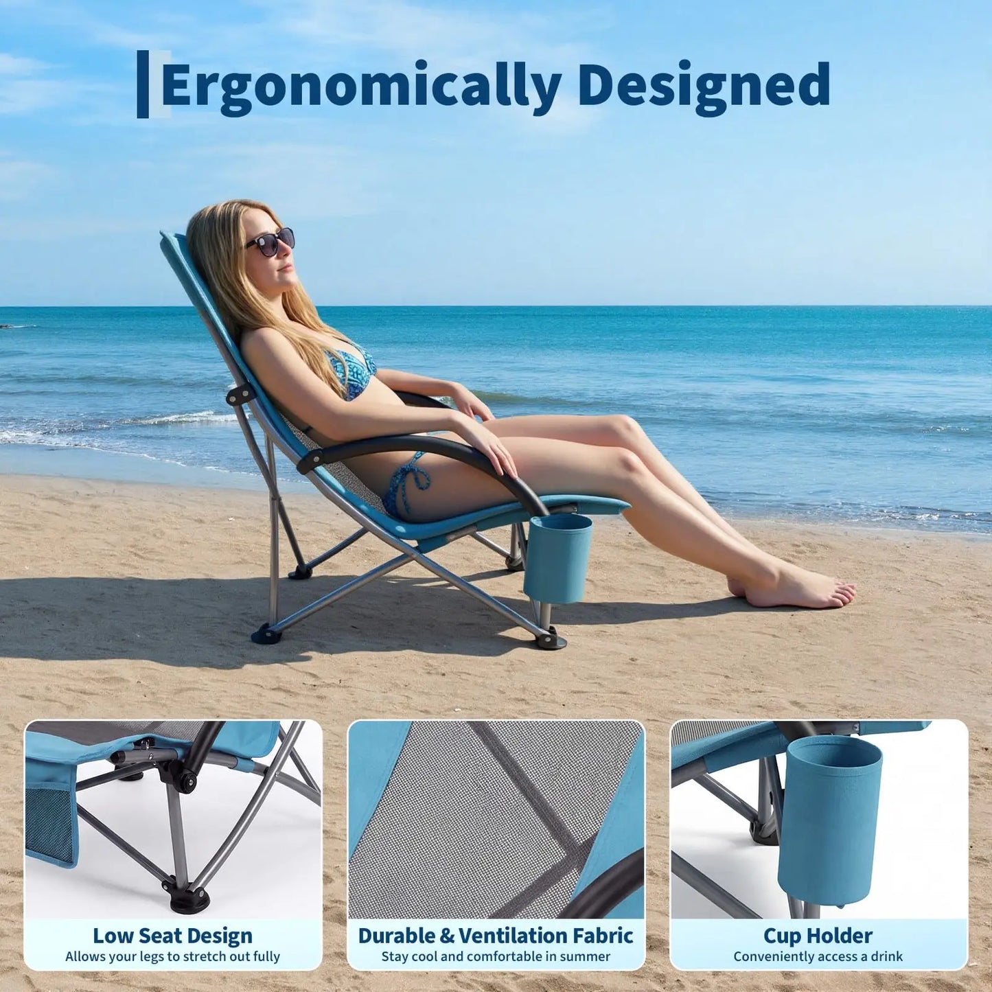 HiMISS High Beach Chair 2 Pack Folding Wide Cup Holder