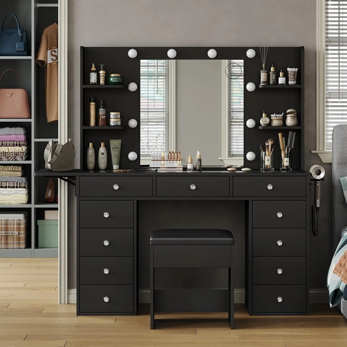 Makeup Vanity Desk With Power Outlet And 12 LED Lights