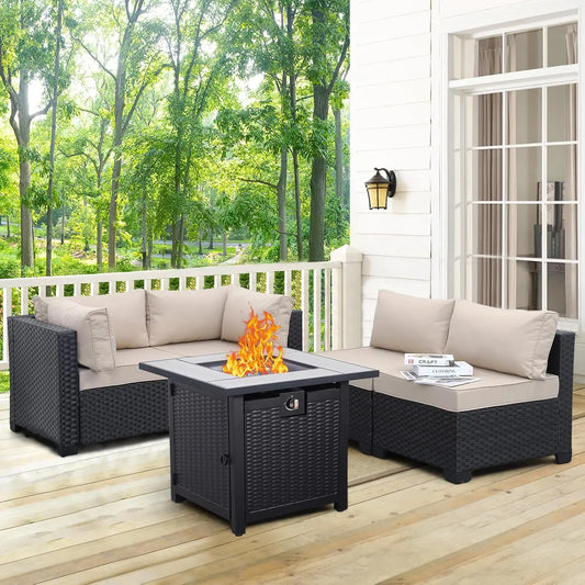 Rattan Sectional Sofa Set With Propane Fire Pit Table For Outdoor Patio