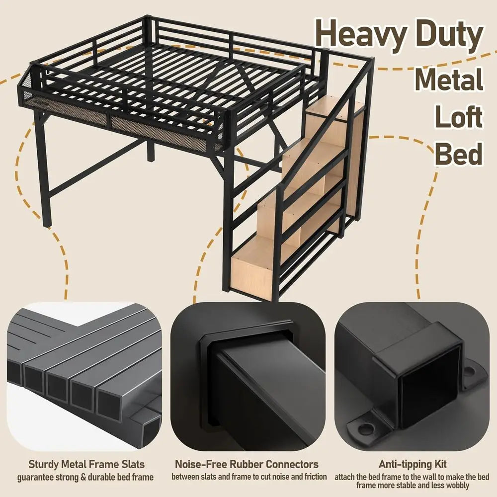 Metal Loft Bed With Storage Stairs And Wardrobe USB Lighting