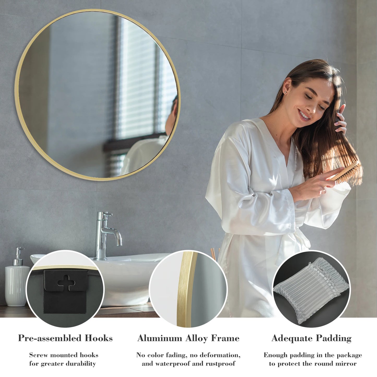 JHK Round Vanity Mirror With Matte Metal Frame Wall Mounted