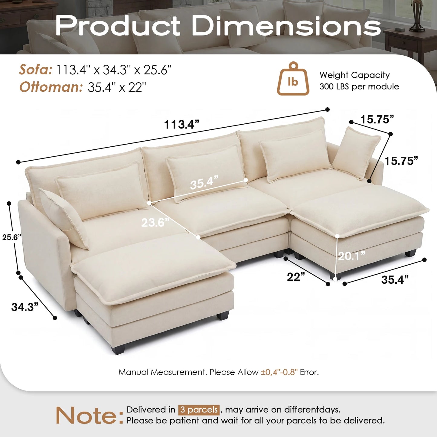 Redlife Modular Sectional Sofa With Ottoman Solid Wood Frame