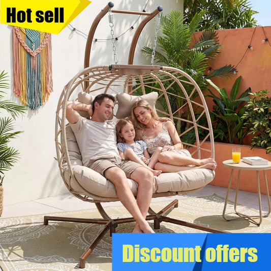 Double Swing Egg Chair With Stand Wicker Basket Cushions