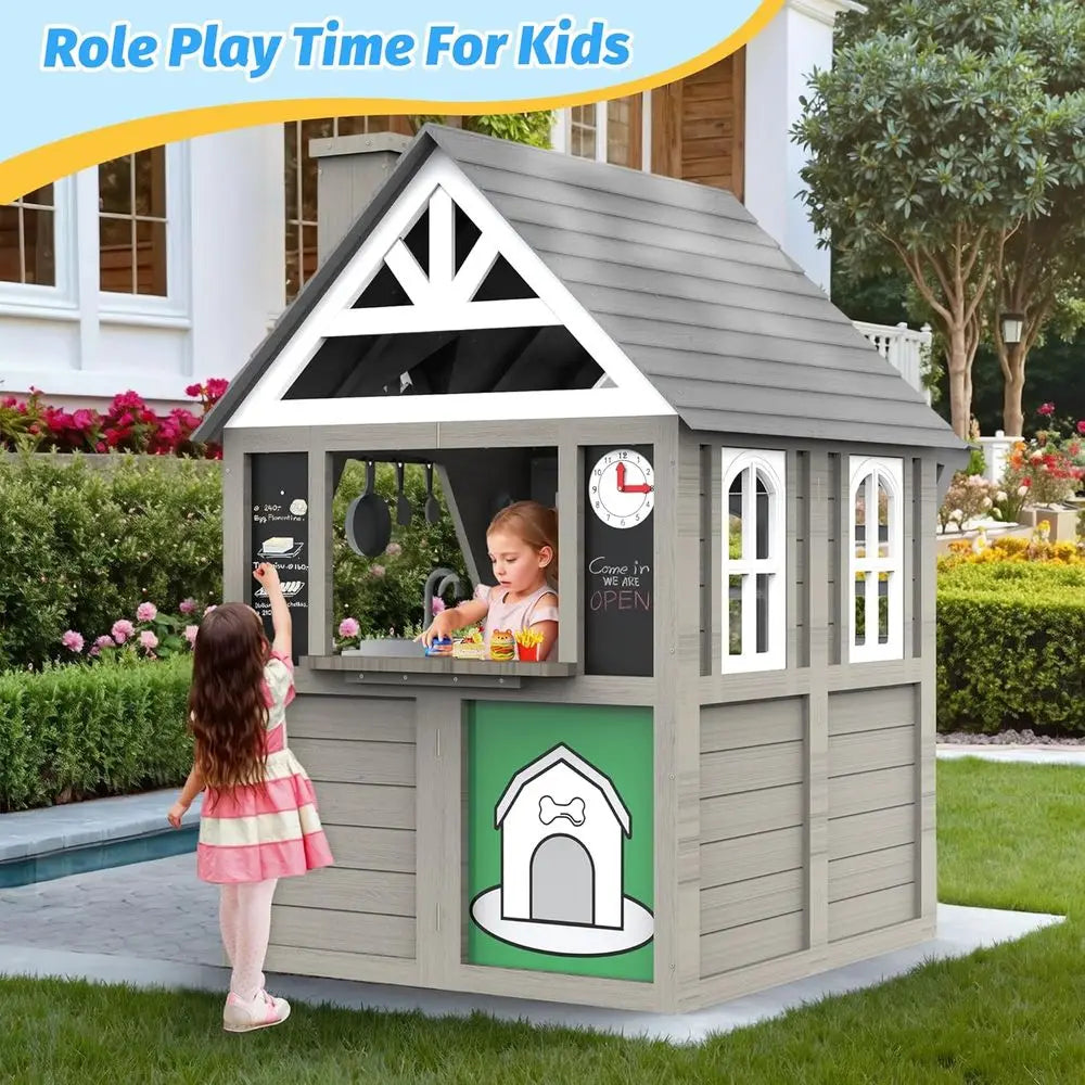 Cedar Wooden Playhouse with Kitchen and Accessories for Kids