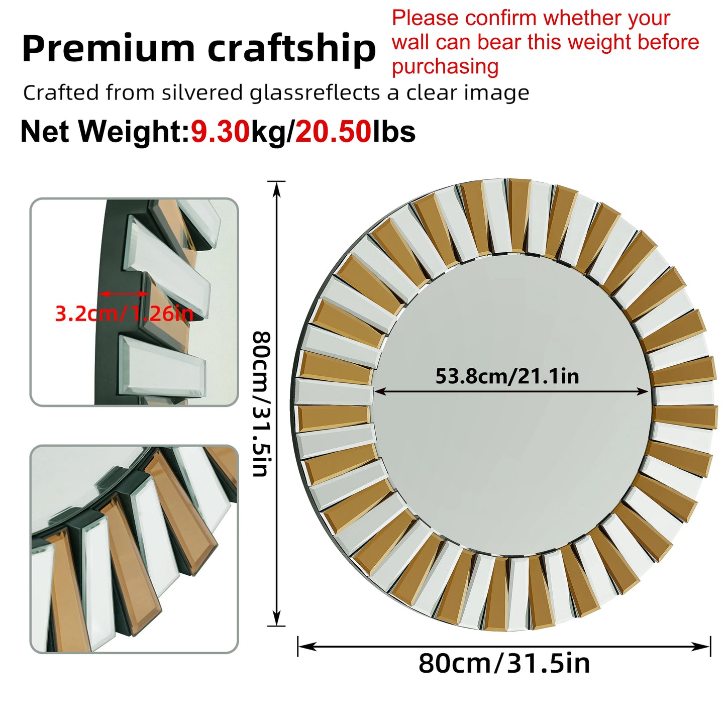 Elegant Round Starburst Wall Mirror For Living Room And Bedroom