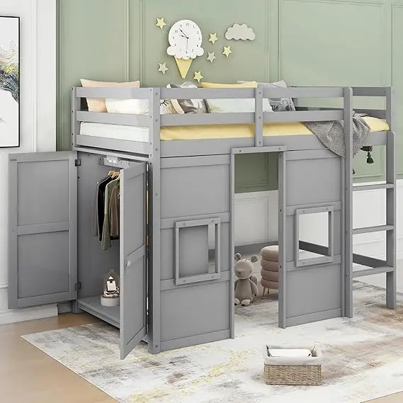 Loft Bed With Built In Storage Wardrobe And Two Windows Solid Wood