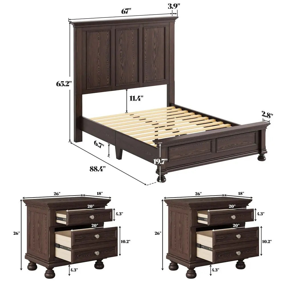 Solid Wood Bedroom Set With Queen Bed Frame And Nightstands