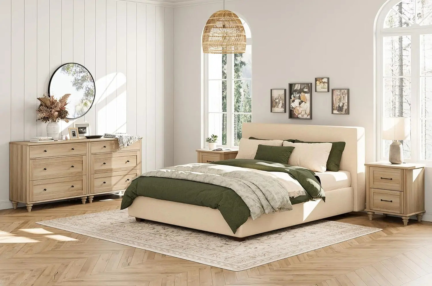 Farmhouse Bedroom Set With Dressers And Rattan Nightstands