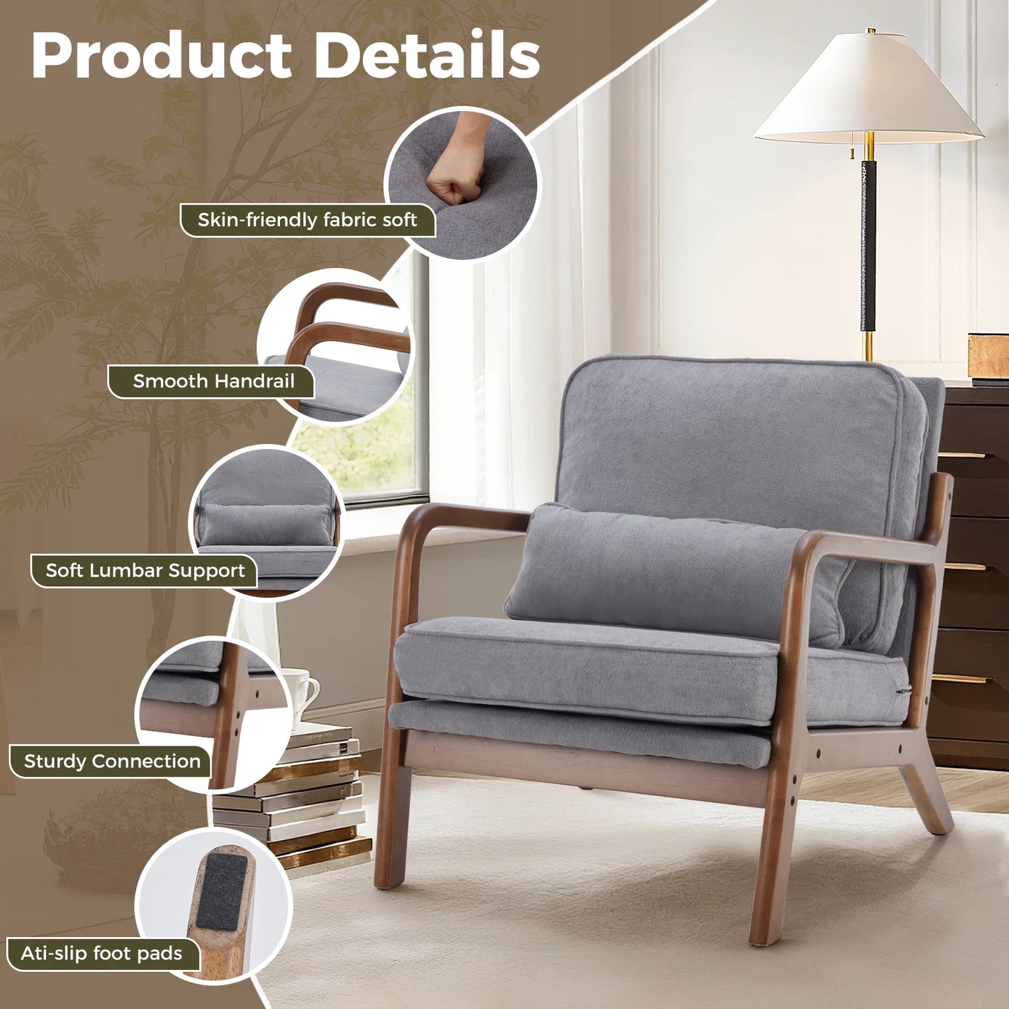 JHK Mid Century Modern Chair With Wooden Frame And Arms