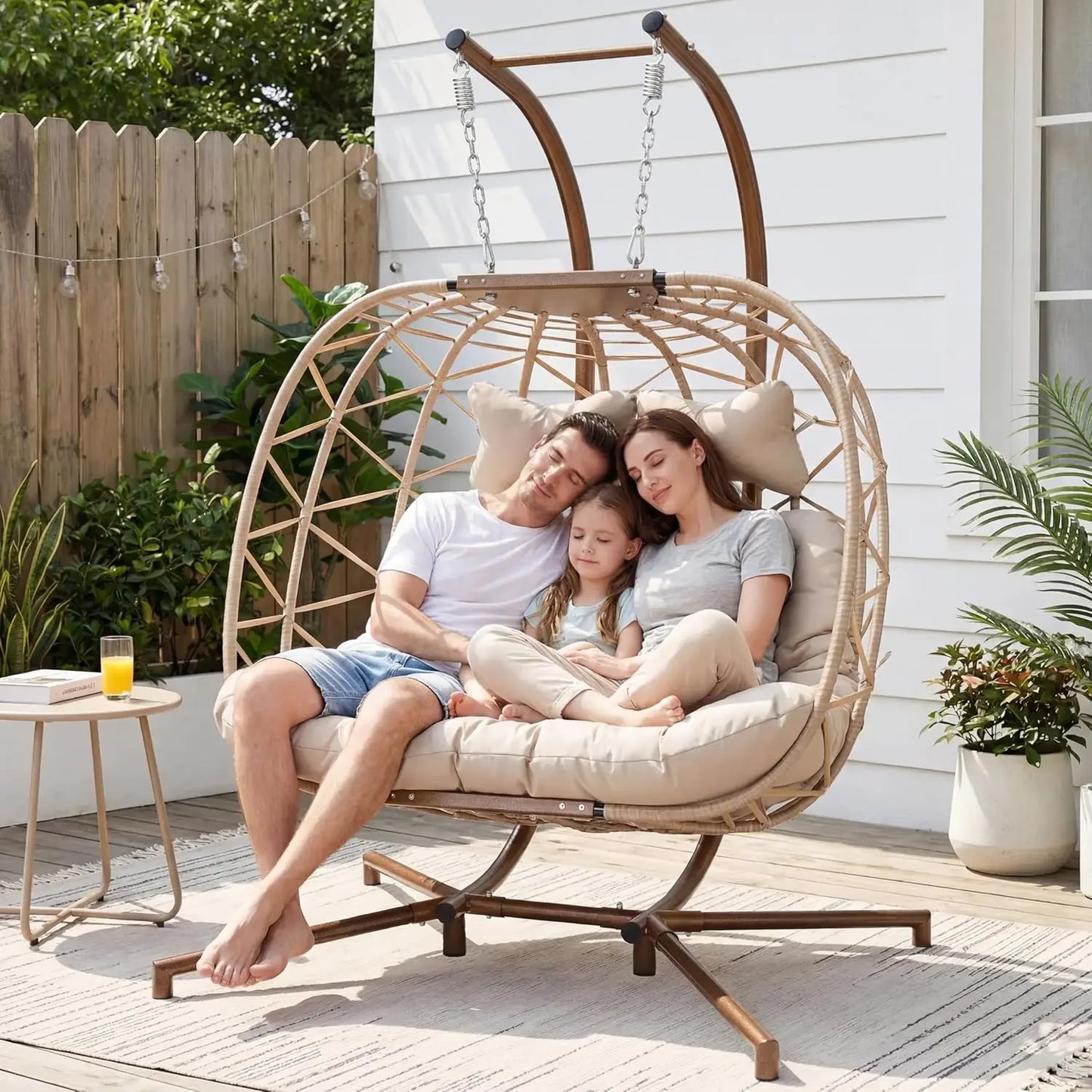 Double Swing Egg Chair With Stand Wicker Basket Cushions