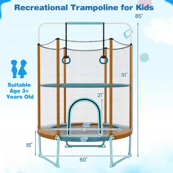 Kids Bouncy Trampoline With Gymnastic Bar And Rings For Indoor Outdoor Fun