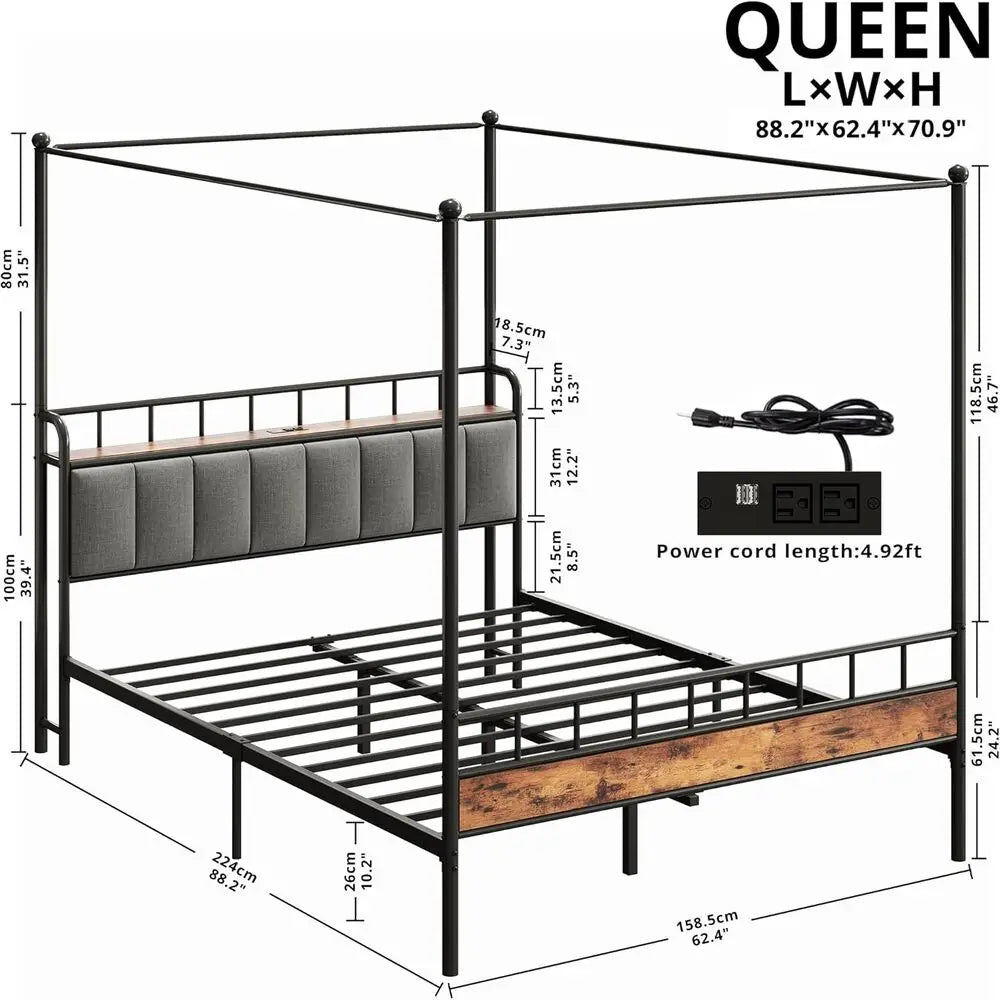 LIKIMIO Canopy Bed Frame With Storage Headboard Charging Station