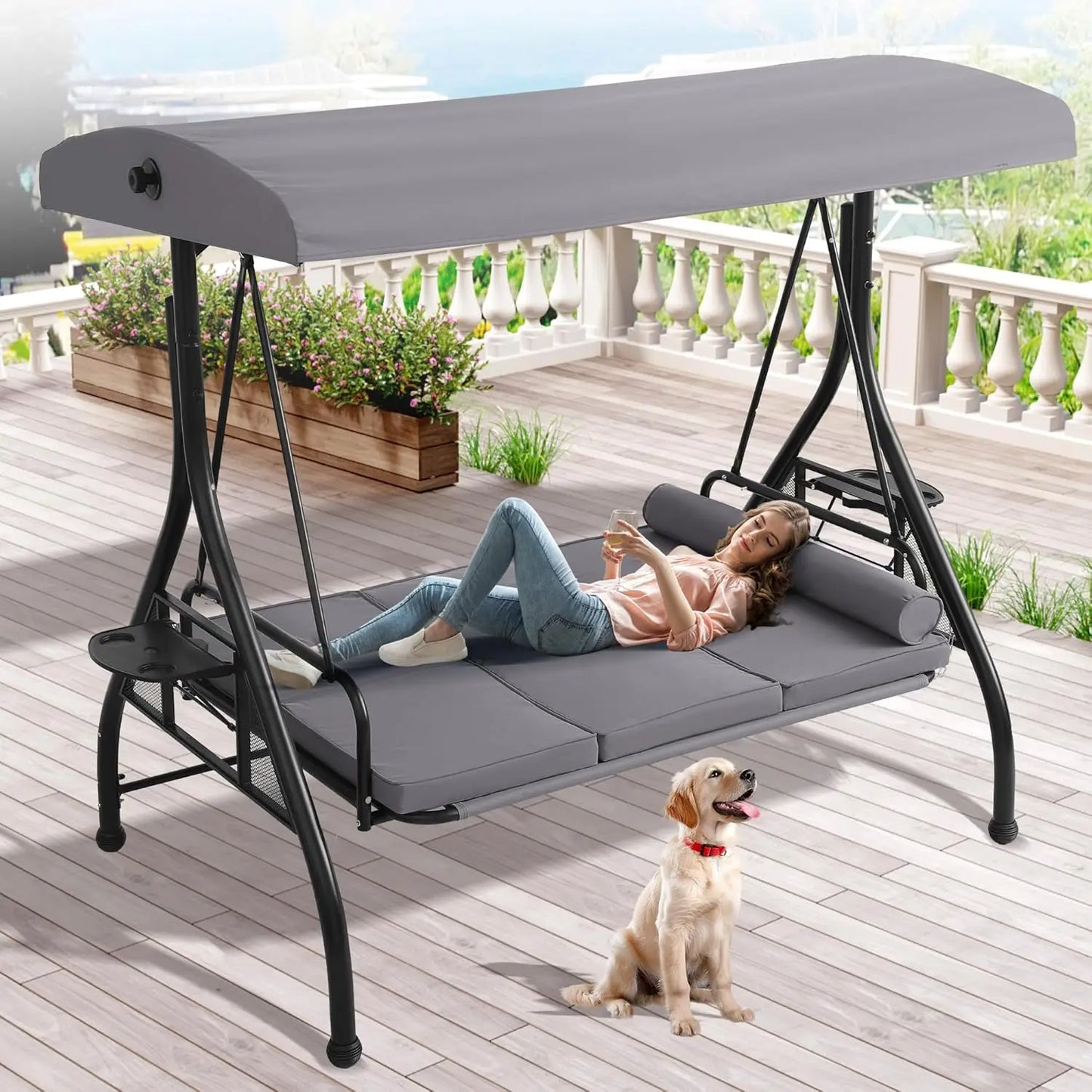 HUANZHUANG Outdoor Porch Swing With Canopy And Stand Convertible 2 In 1