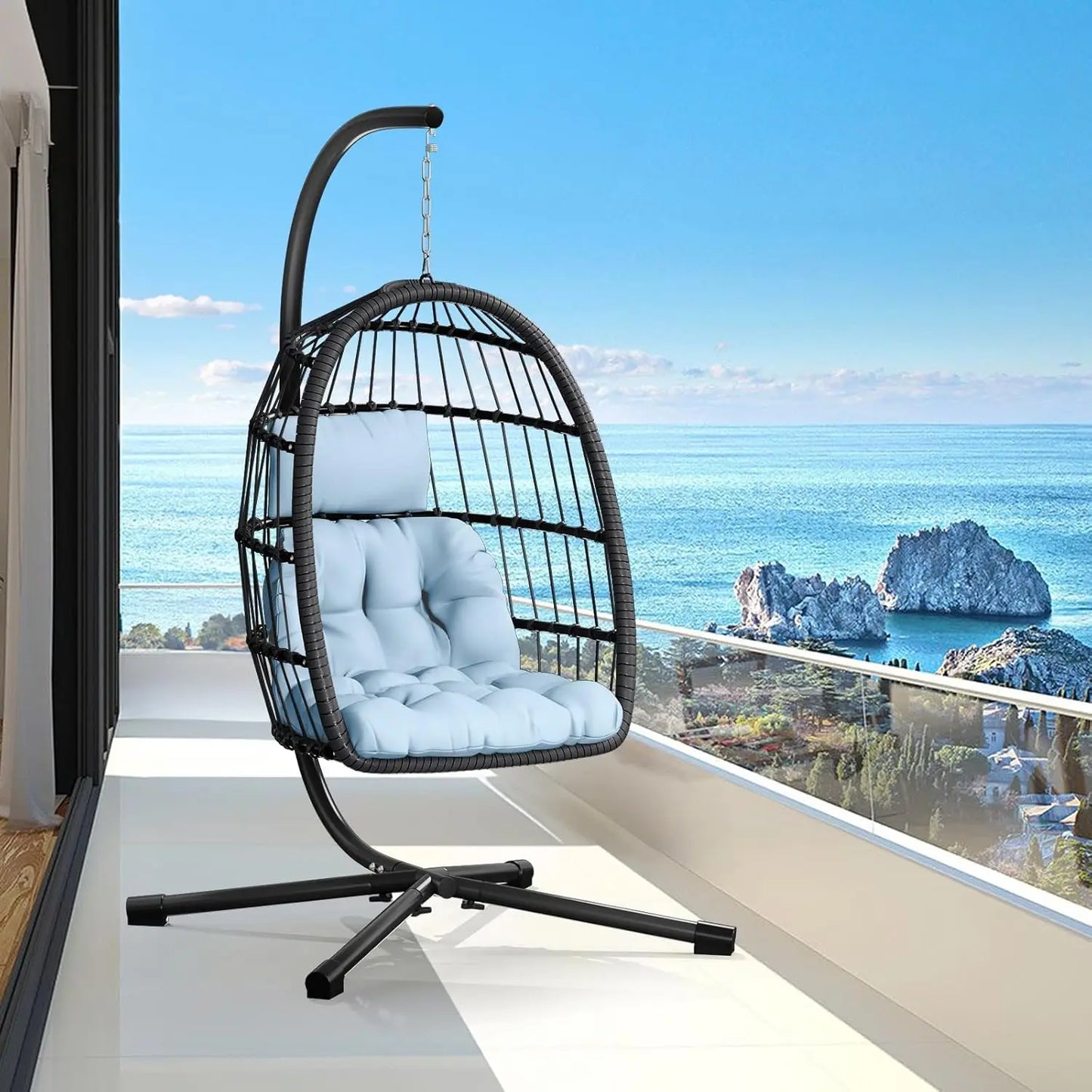 Double Egg Swing Chair With Stand For Two Outdoor Patio