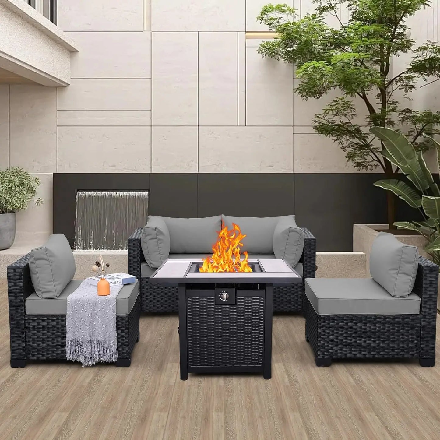 Rattan Sectional Sofa Set With Propane Fire Pit Table For Outdoor Patio
