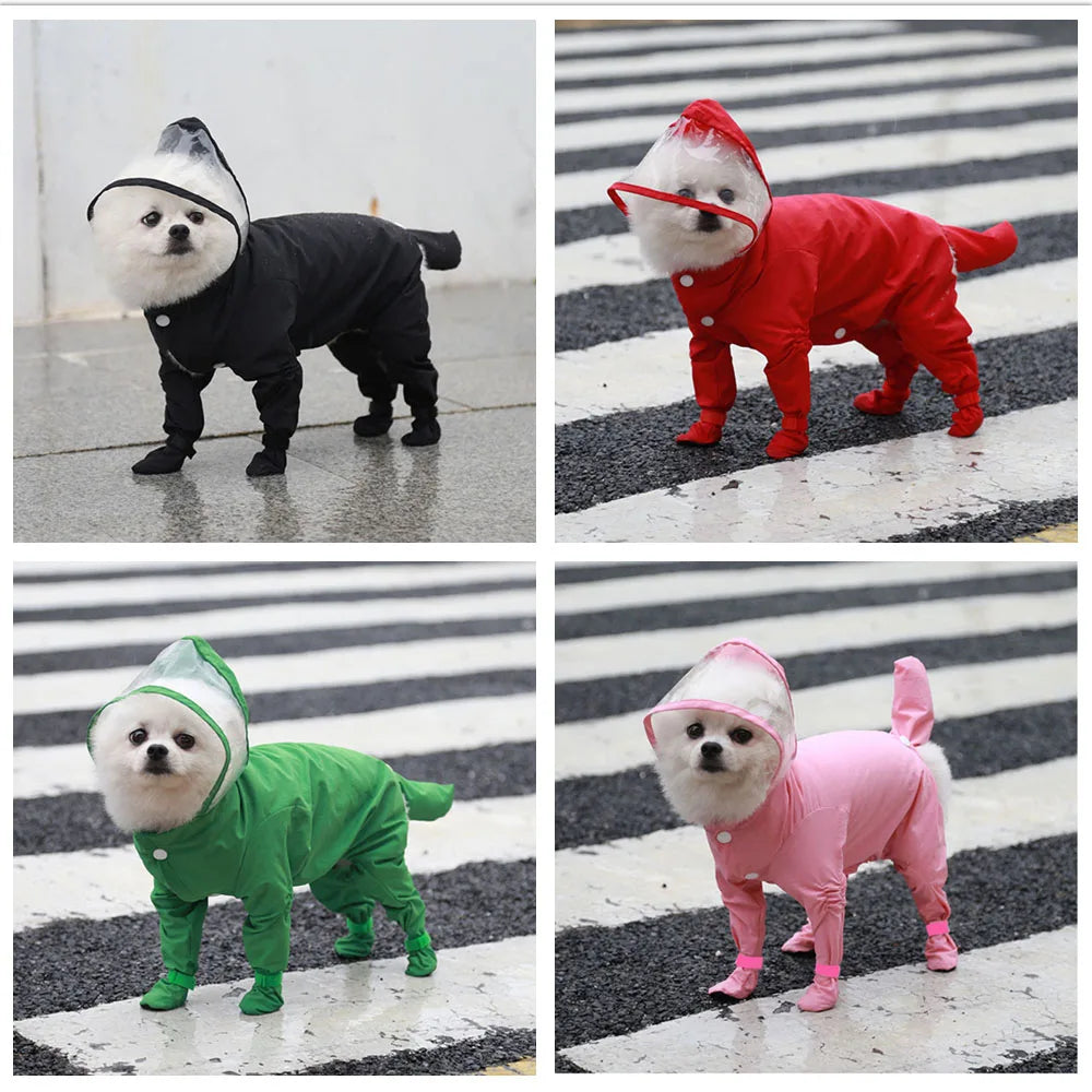 Dog Hooded Raincoat With Boots Four Leg Jumpsuit Waterproof