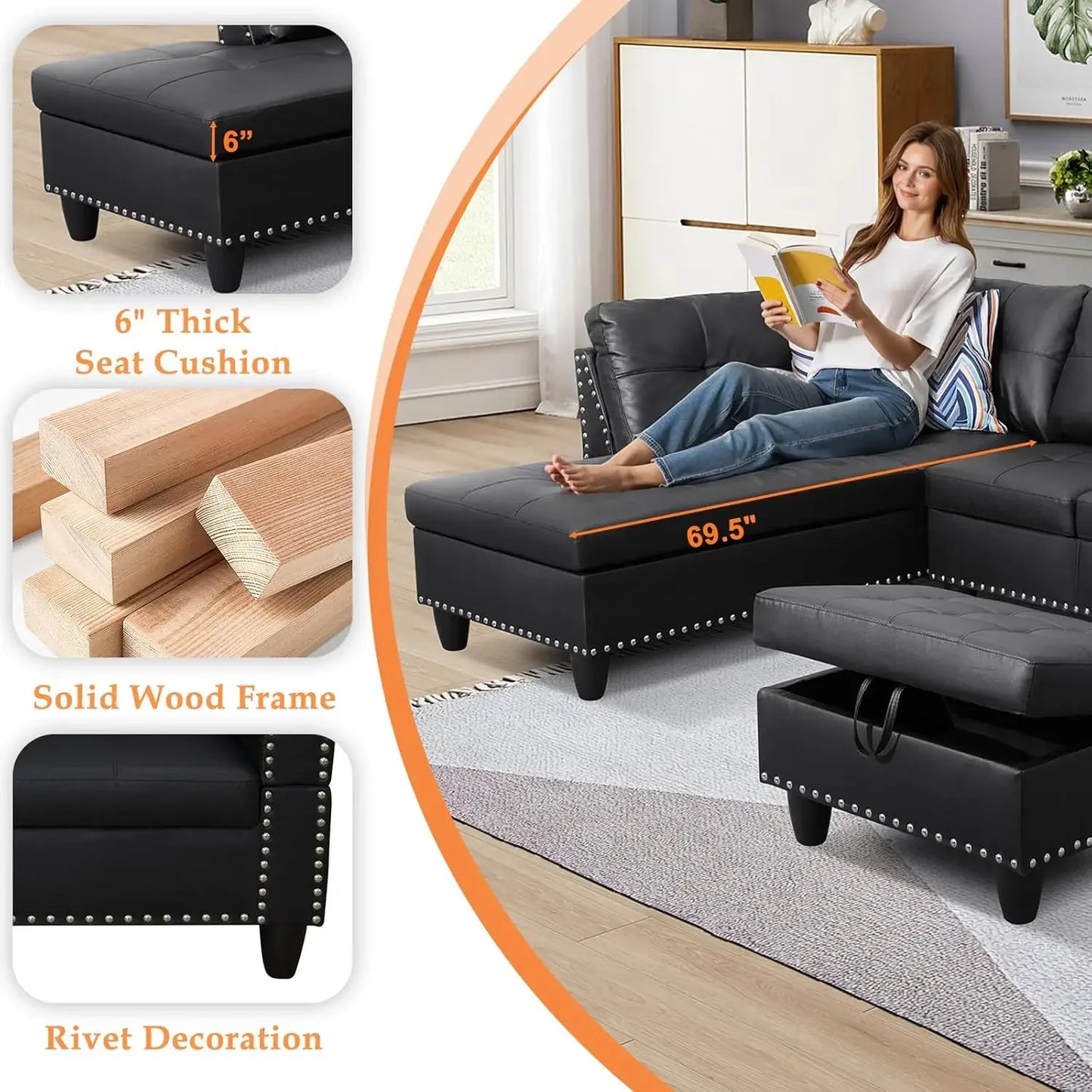Modern Sectional Sofa With Chaise Lounge And Ottoman