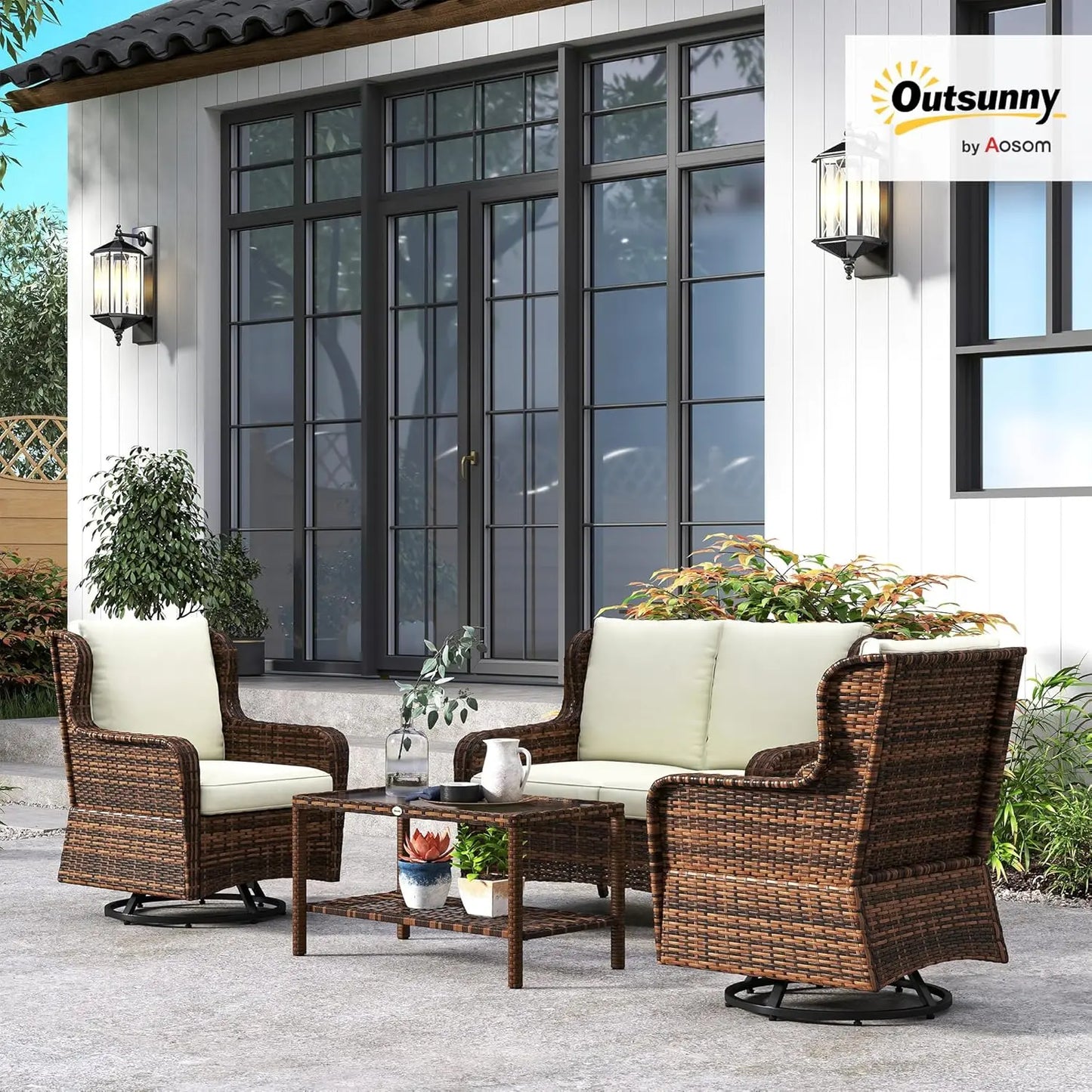 PE Rattan Outdoor Patio Furniture Set With Wicker Conversation Chairs