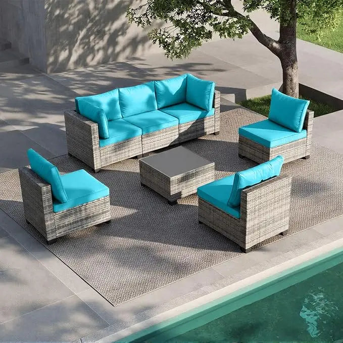 Outdoor Patio Furniture Set 7 Pieces All Weather Rattan Wicker