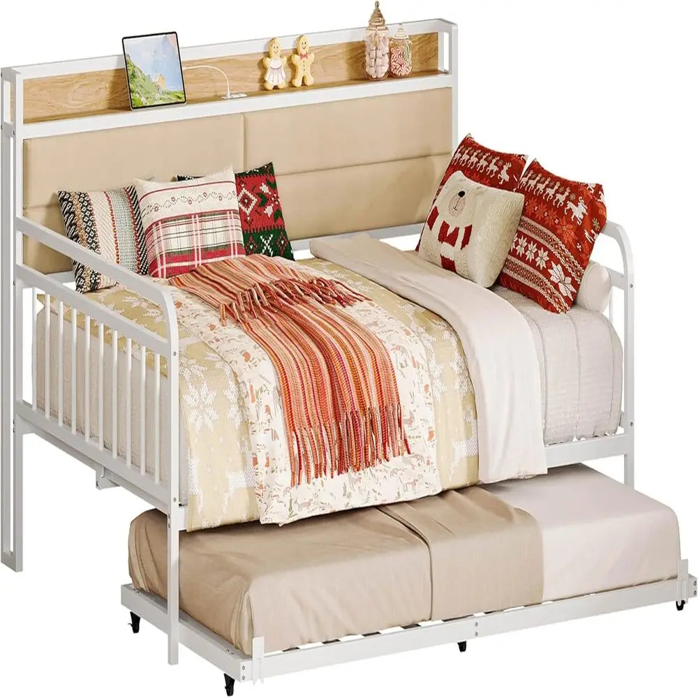 LIKIMIO Daybed With Trundle Metal Bed Frame Upholstered Headboard And Charging