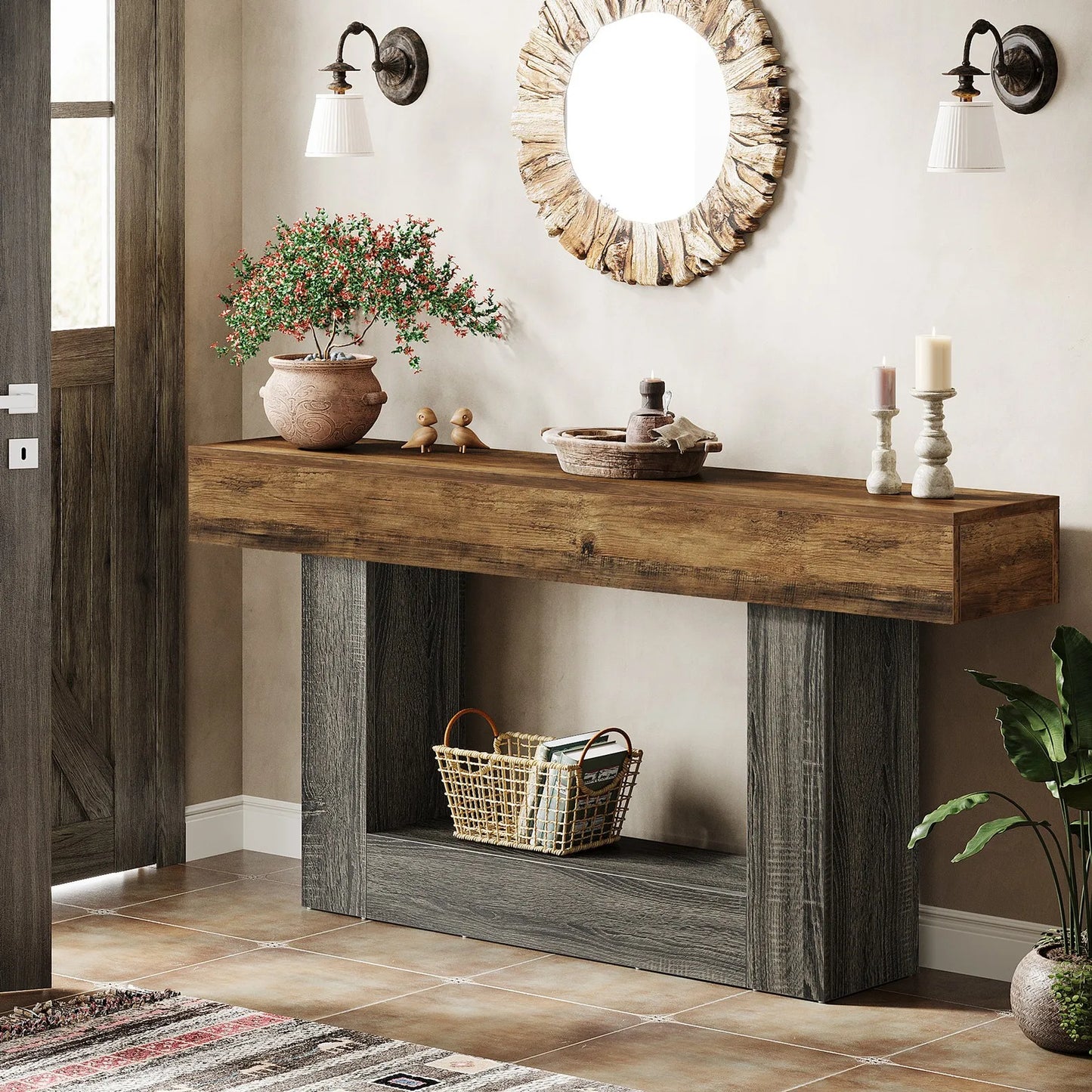 Farmhouse 2-Tier Console Table For Narrow Entryway Wood Sofa Table