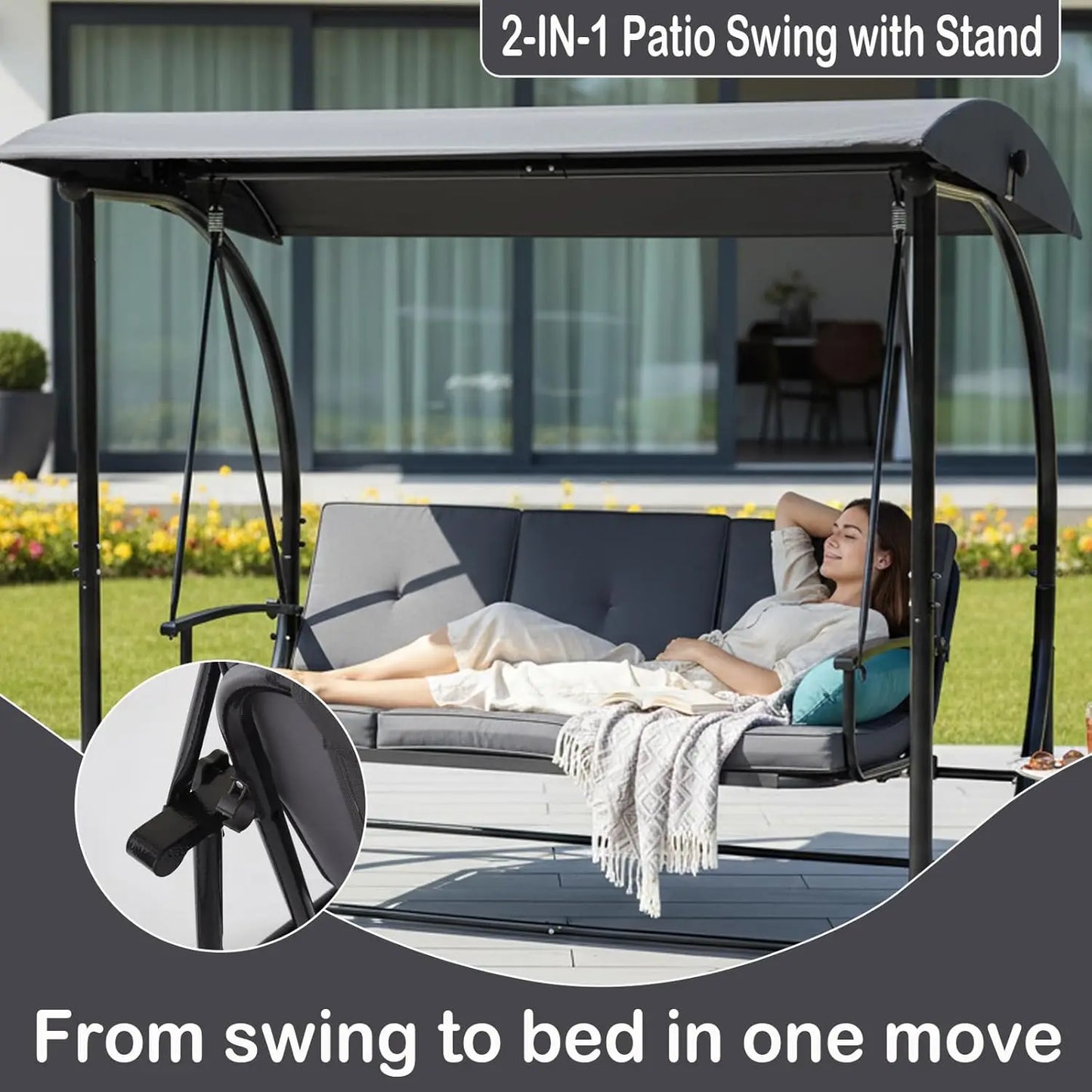 HUANZHUANG Outdoor Patio Swing Canopy 2 In 1 Bed Swing