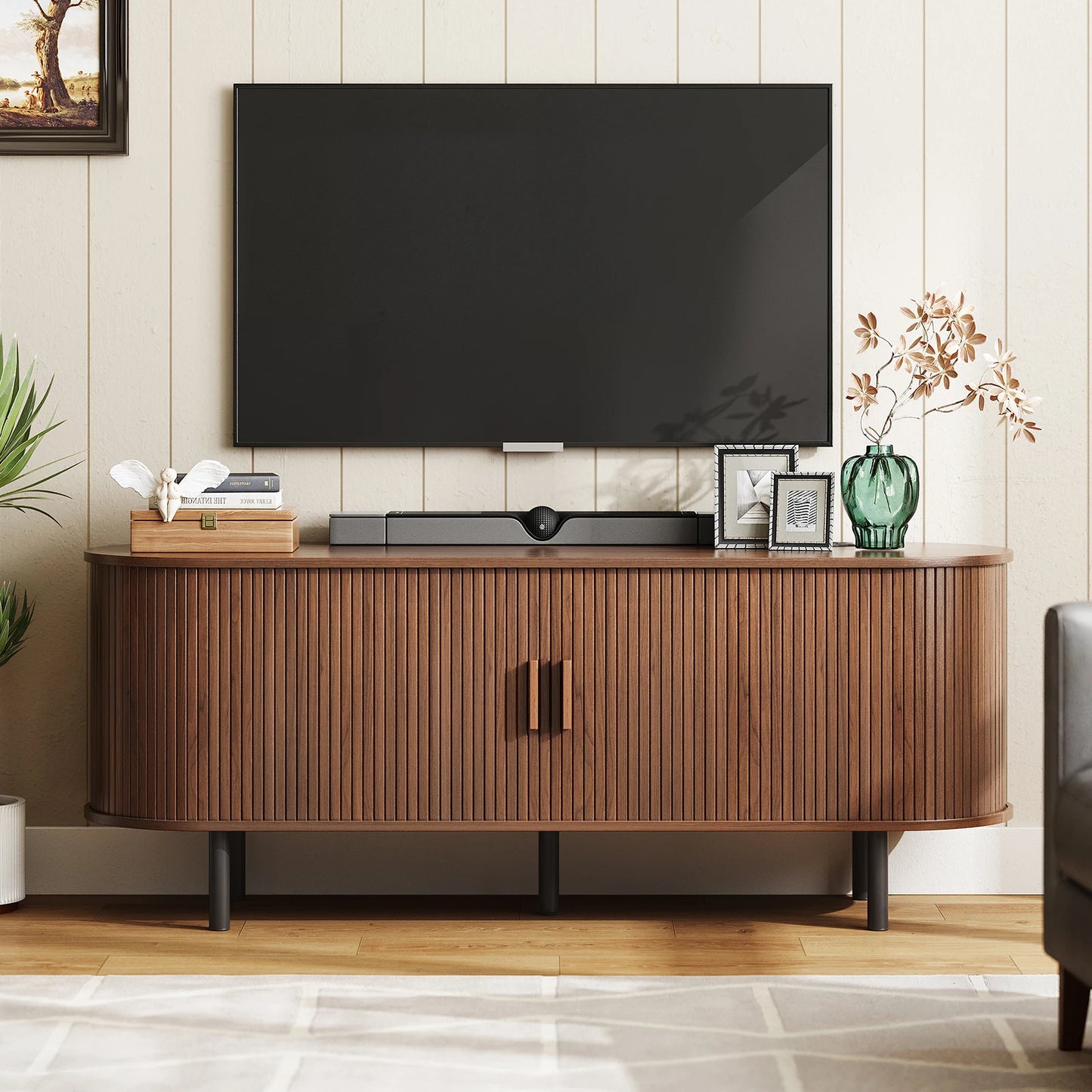 TV Stand With Power Outlet And Sliding Doors Storage