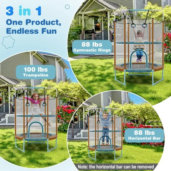 Kids Bouncy Trampoline With Gymnastic Bar And Rings For Indoor Outdoor Fun