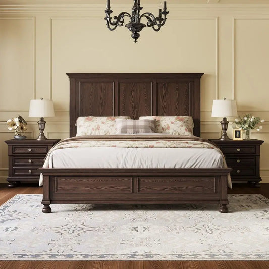 Solid Wood Bedroom Set With Queen Bed Frame And Nightstands