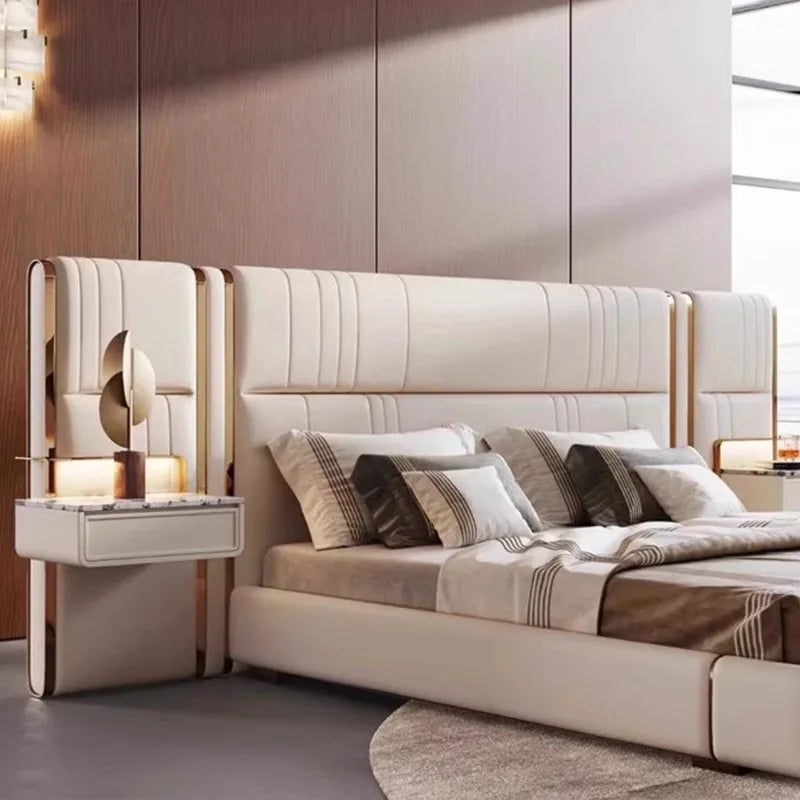 Modern Luxury Bed Frame With Extend Headboard Nightstand