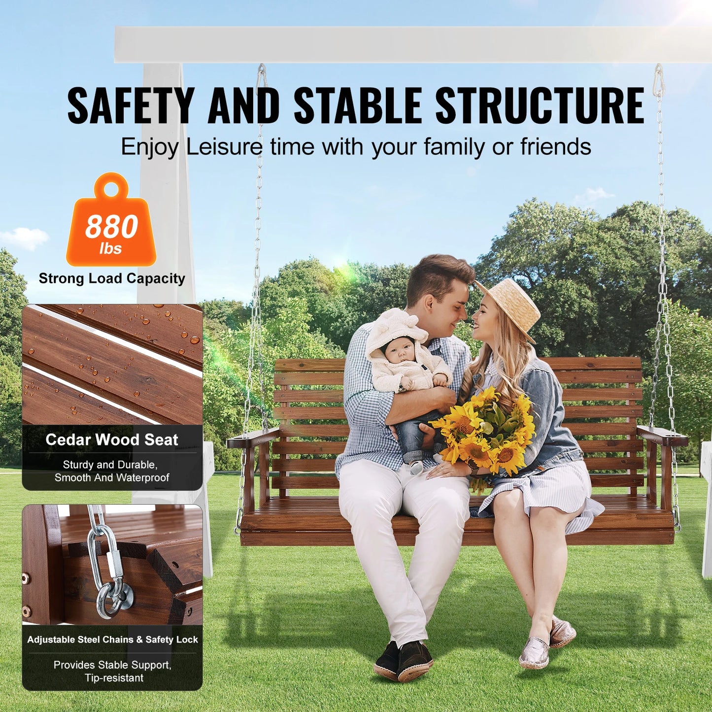 SucceBuy Cedar Wood Porch Swing With Steel Chains Outdoor Bench
