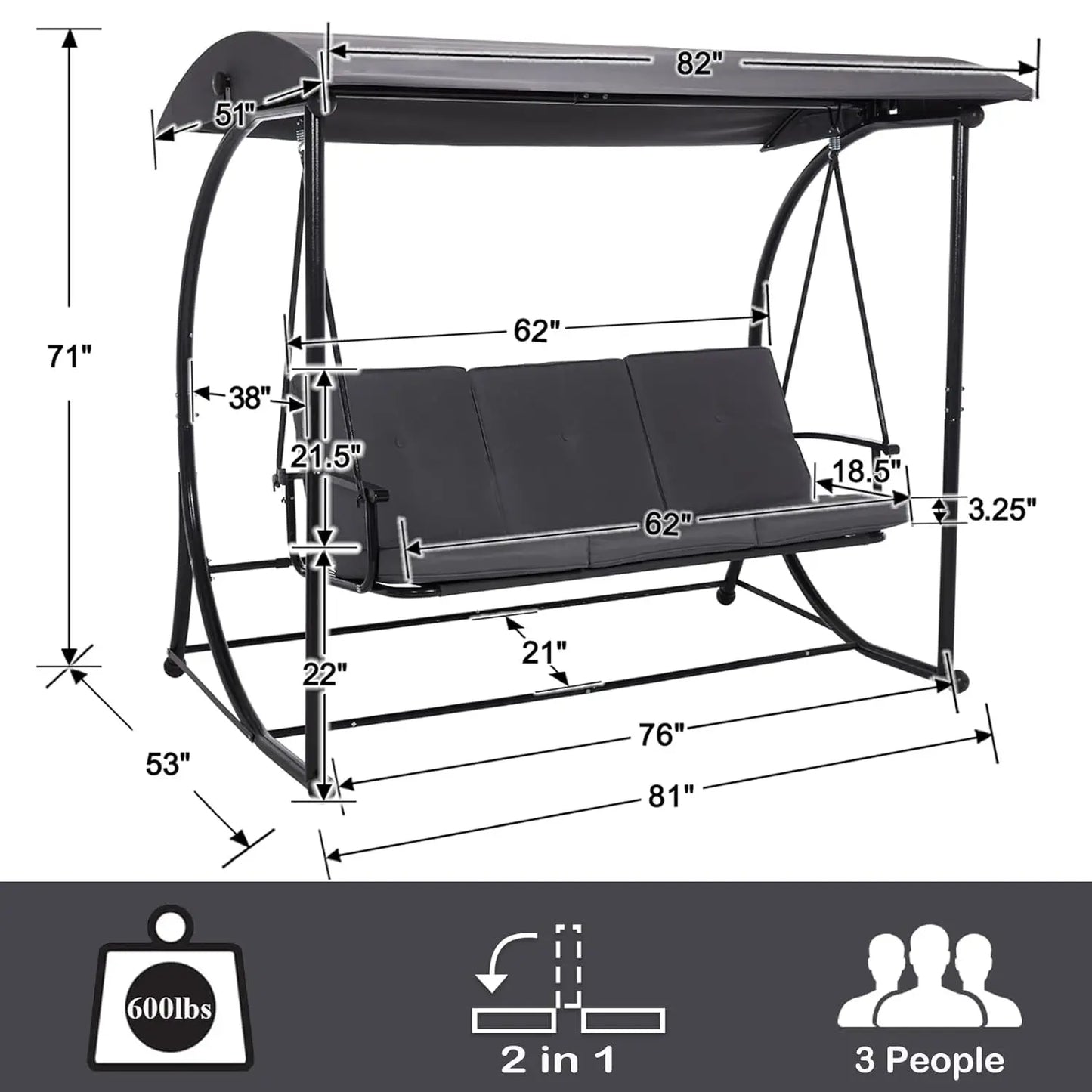 HUANZHUANG Outdoor Patio Swing Canopy 2 In 1 Bed Swing