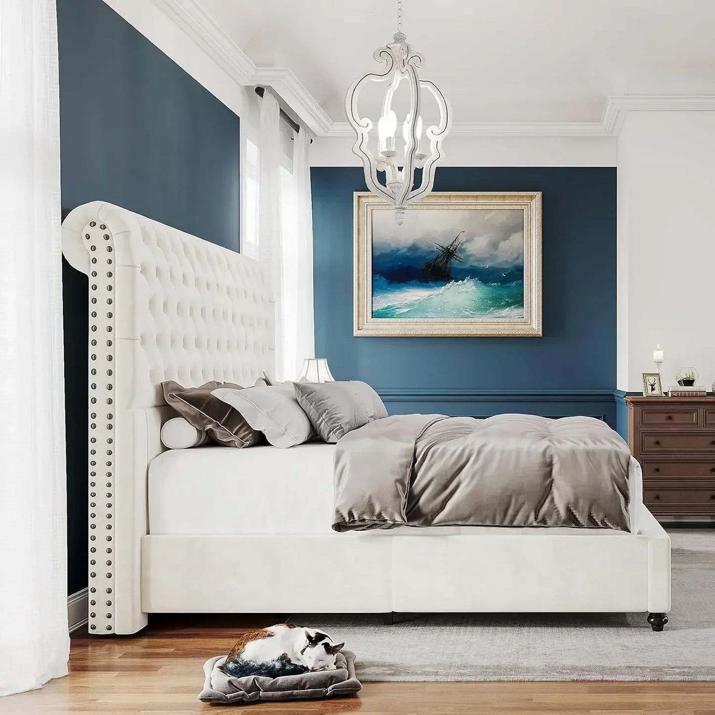 Upholstered Platform Bed With Tall Sleigh Headboard