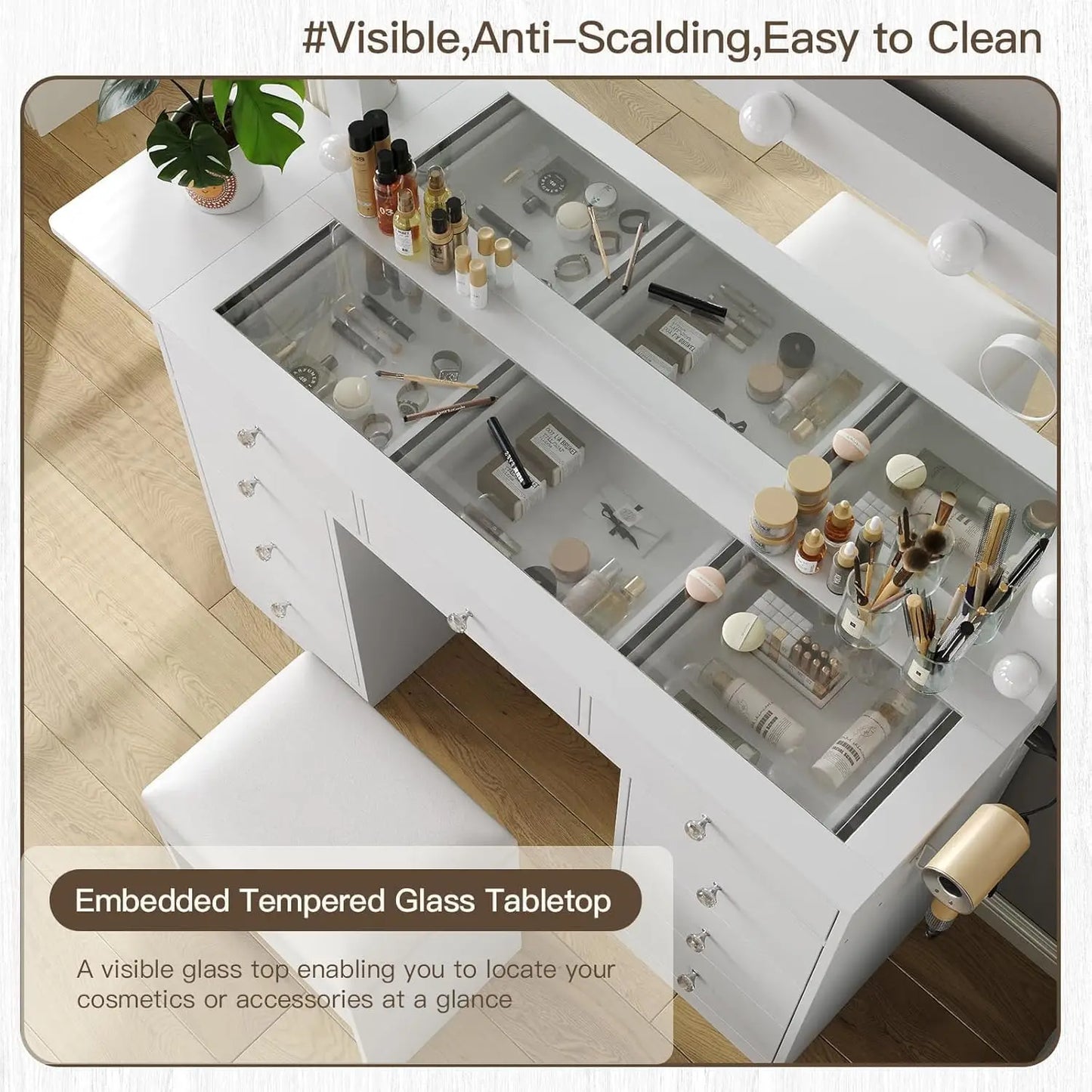 Makeup Vanity Desk With Power Outlet And 12 LED Lights