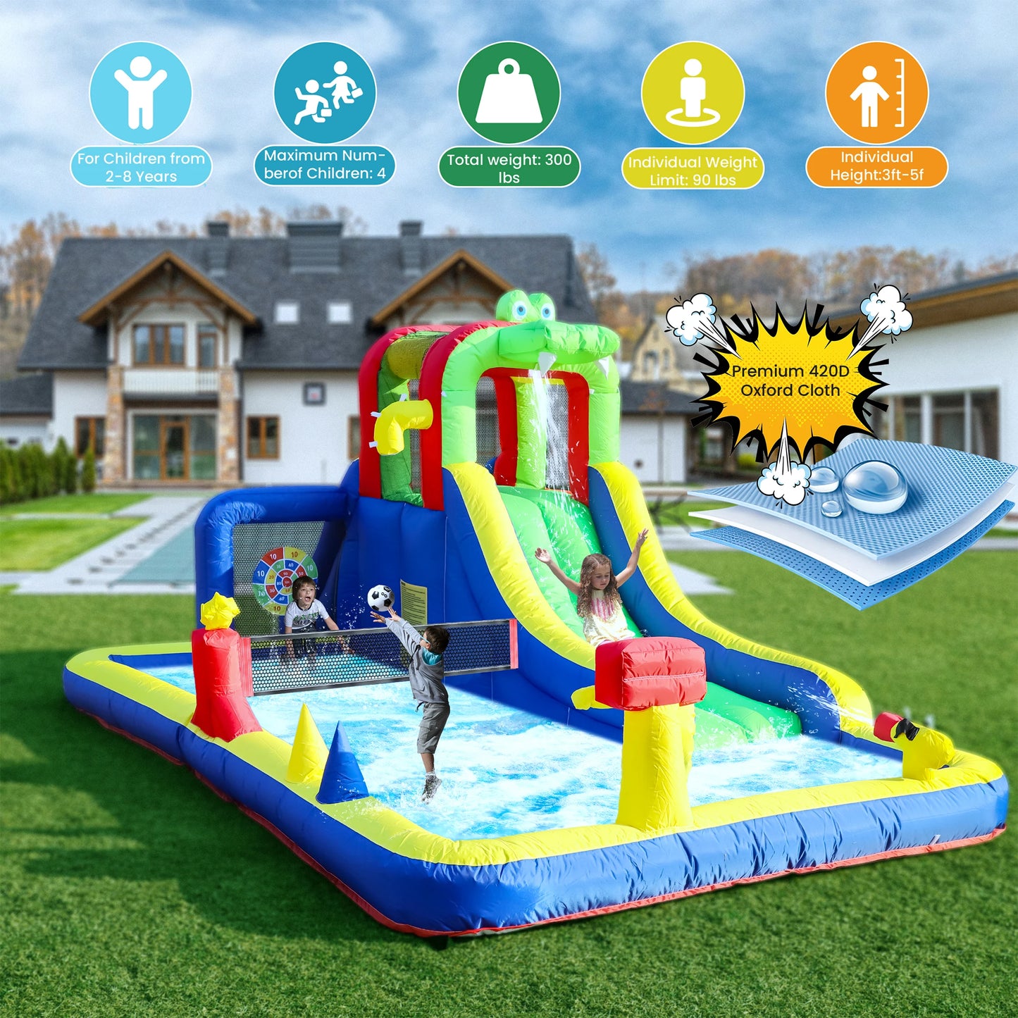 RTS Inflatable 8 In 1 Crocodile Water Park For Kids