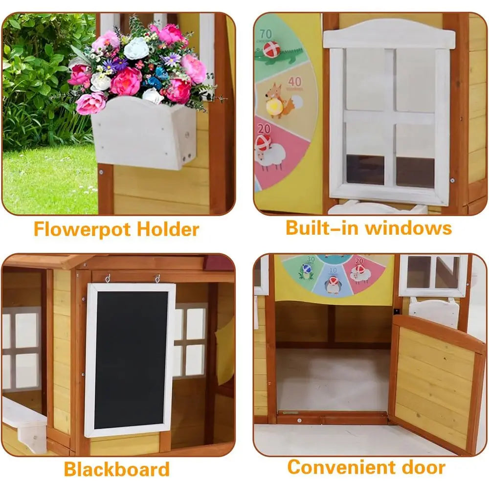 Wooden Play Cottage For Children With Functional Doors And Windows